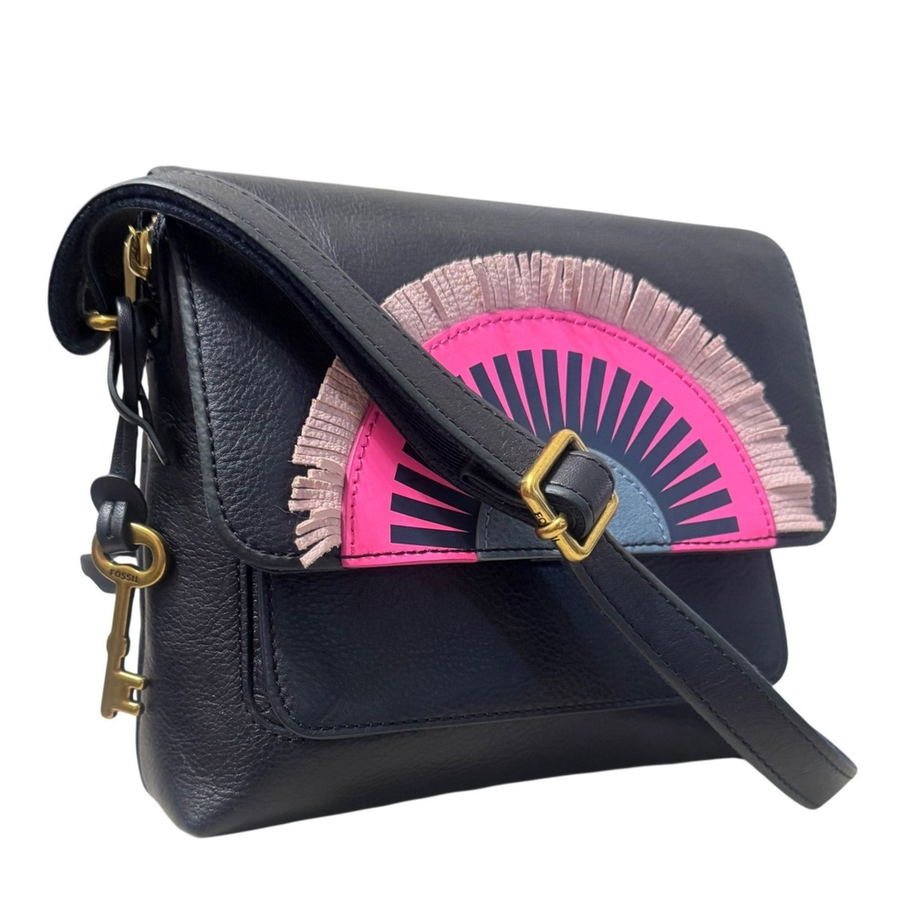 Fossil Kinley Crossbody Bag Womens Small Navy Sunset Leather Fringe Excellent